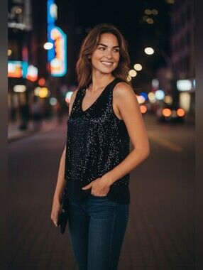 NWT Michael Kors Women's Black Sequin V-Neck Sleeveless Top Medium